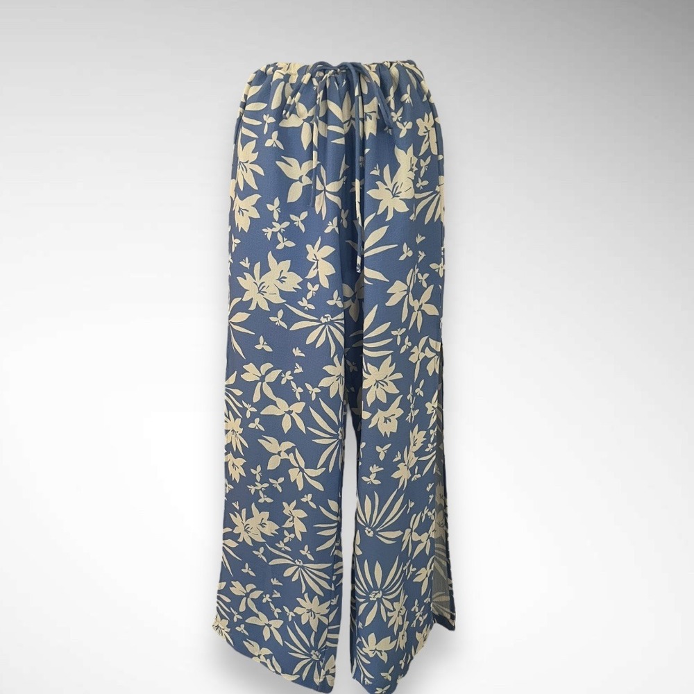 SAGE THE LABEL Blue & Cream Flower Trail Beach Pants With Side Slits Sz S | EUC